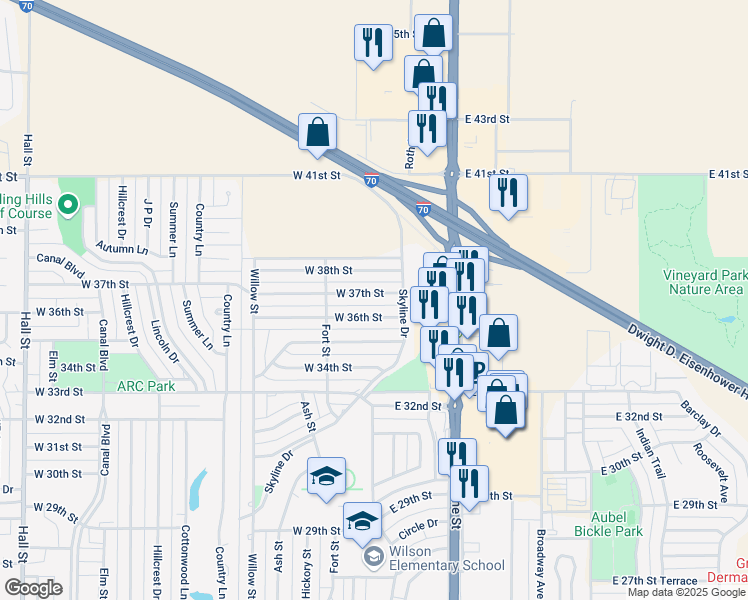 map of restaurants, bars, coffee shops, grocery stores, and more near 108 West 38th Street in Hays