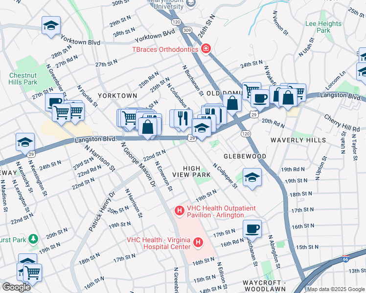 map of restaurants, bars, coffee shops, grocery stores, and more near 4906 22nd Street North in Arlington