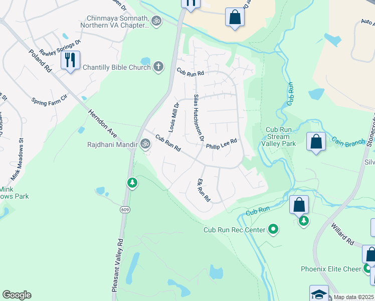 map of restaurants, bars, coffee shops, grocery stores, and more near 4504 Cub Run Road in Chantilly