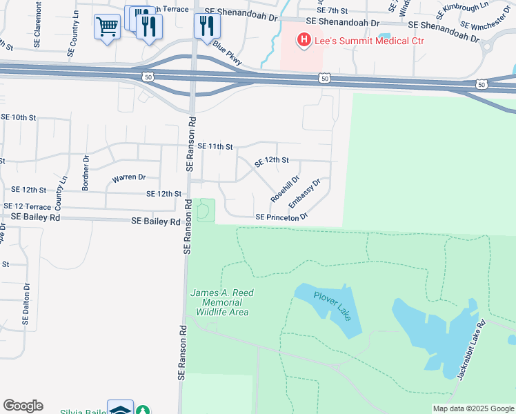 map of restaurants, bars, coffee shops, grocery stores, and more near 1308 Southeast Princeton Place in Lee's Summit