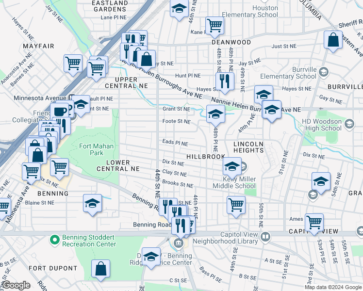 map of restaurants, bars, coffee shops, grocery stores, and more near 4509 Eads Place Northeast in Washington