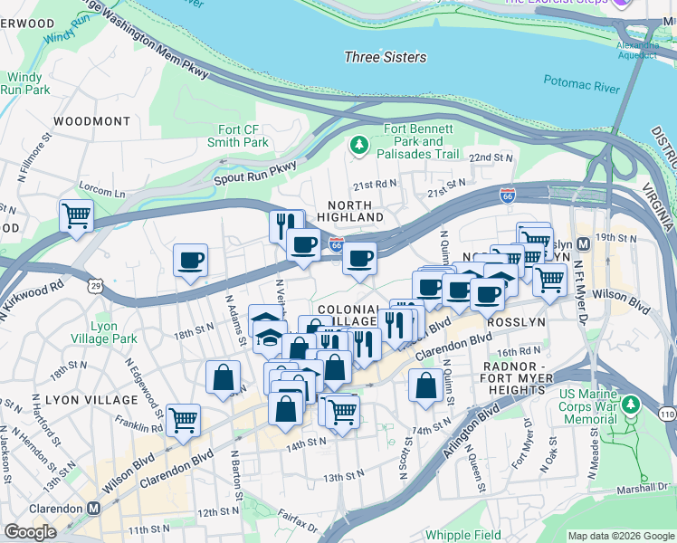 map of restaurants, bars, coffee shops, grocery stores, and more near 2100 Lee Highway in Arlington