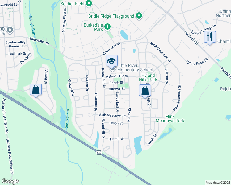 map of restaurants, bars, coffee shops, grocery stores, and more near 26091 Lands End Drive in Chantilly