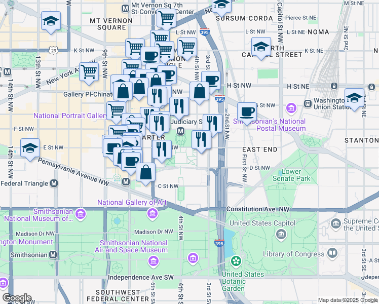 map of restaurants, bars, coffee shops, grocery stores, and more near 410 E Street Northwest in Washington