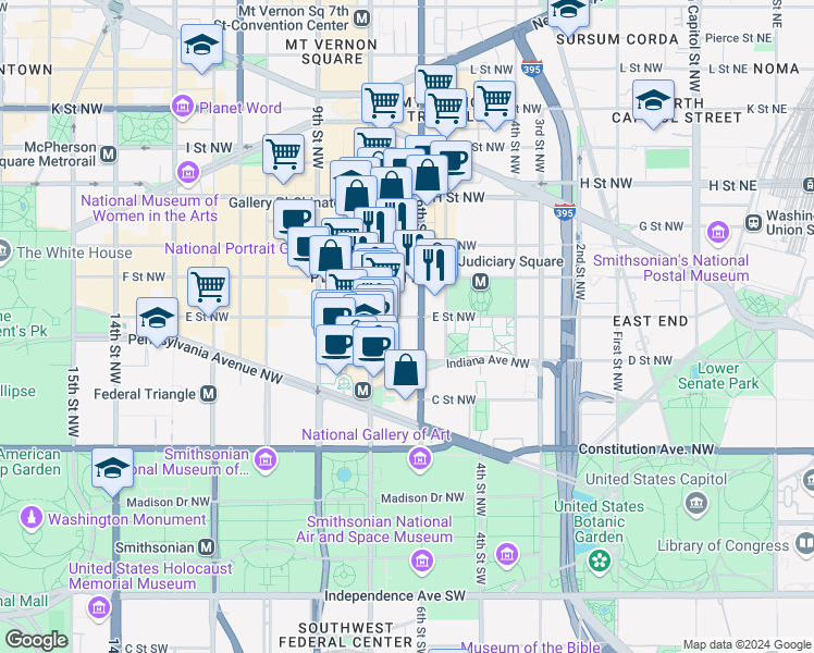 map of restaurants, bars, coffee shops, grocery stores, and more near 600 E Street Northwest in Washington