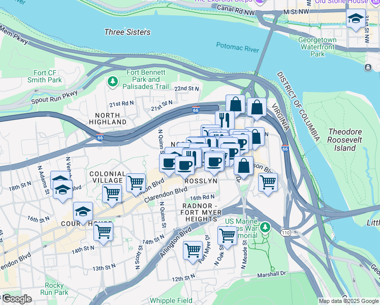 map of restaurants, bars, coffee shops, grocery stores, and more near 1530 Key Boulevard in Arlington