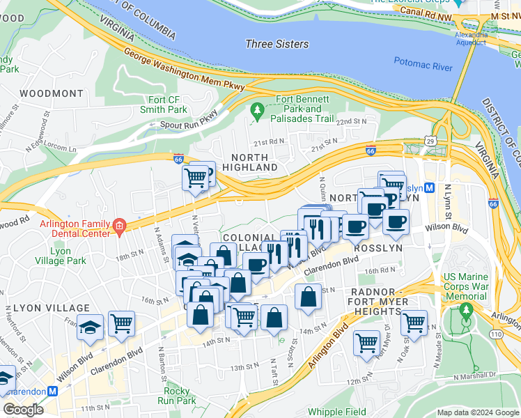 map of restaurants, bars, coffee shops, grocery stores, and more near 1904 North Rhodes Street in Arlington