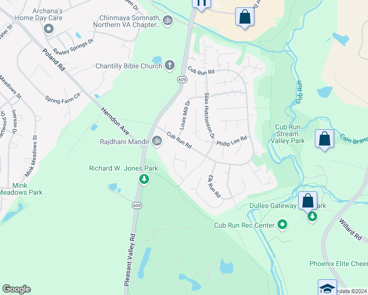 map of restaurants, bars, coffee shops, grocery stores, and more near 4513 Cub Run Road in Chantilly
