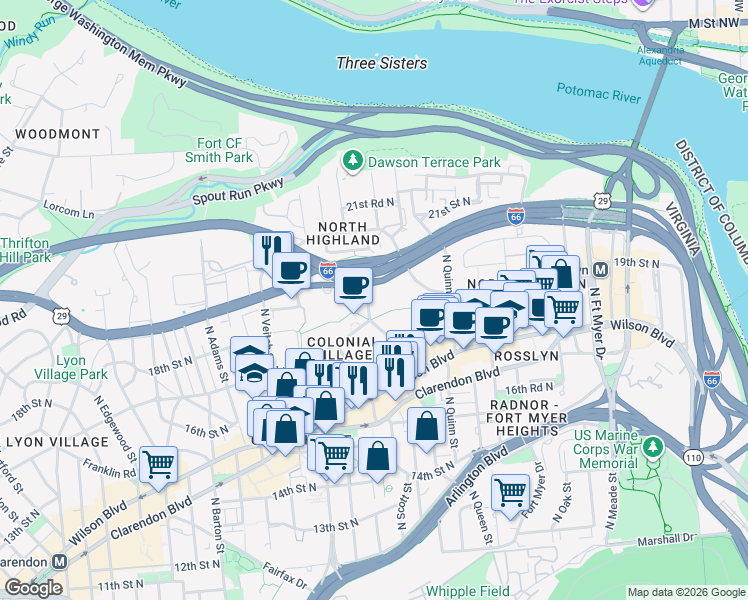 map of restaurants, bars, coffee shops, grocery stores, and more near 101 Independence Avenue Southeast in Washington
