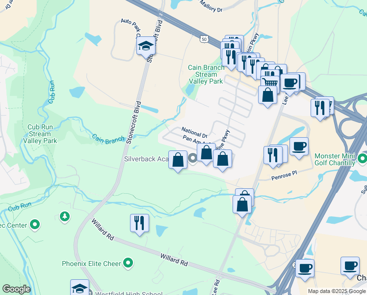 map of restaurants, bars, coffee shops, grocery stores, and more near 4251 Airline Parkway in Chantilly
