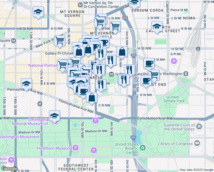 map of restaurants, bars, coffee shops, grocery stores, and more near 450 E Street NW in Washington