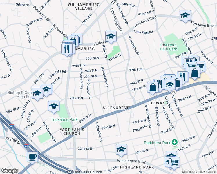 map of restaurants, bars, coffee shops, grocery stores, and more near 2611 North Powhatan Street in Arlington