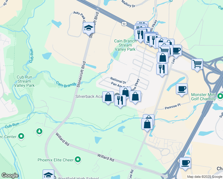 map of restaurants, bars, coffee shops, grocery stores, and more near 4251 Airline Parkway in Chantilly