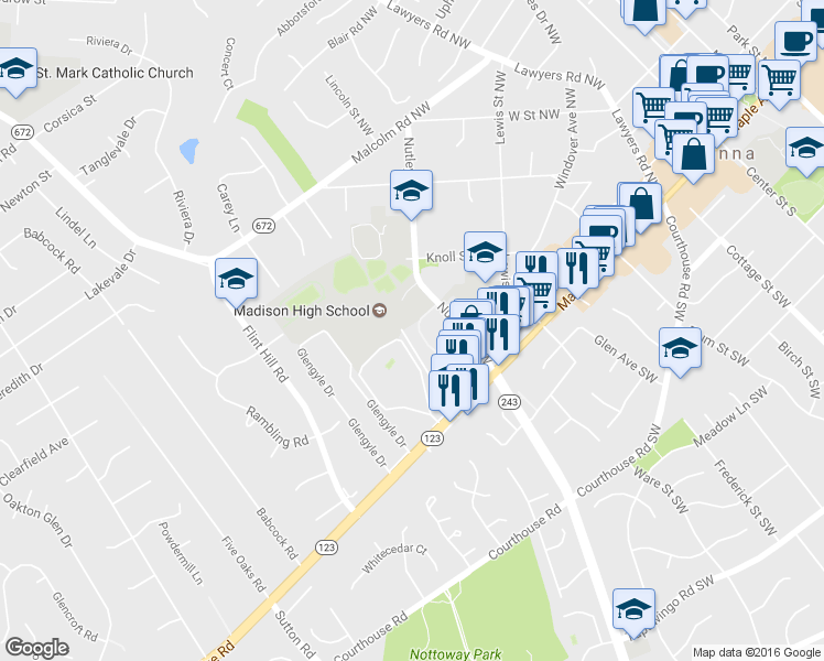 map of restaurants, bars, coffee shops, grocery stores, and more near 248 Commons Drive Northwest in Vienna