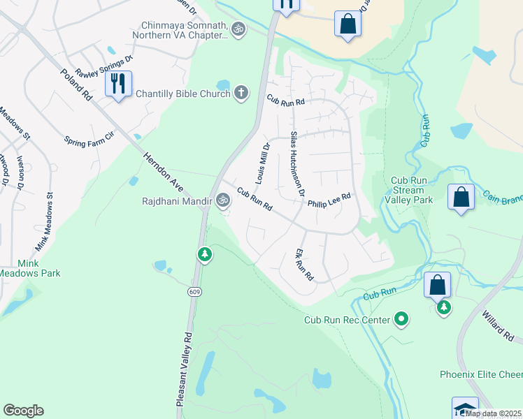 map of restaurants, bars, coffee shops, grocery stores, and more near 4513 Cub Run Road in Chantilly