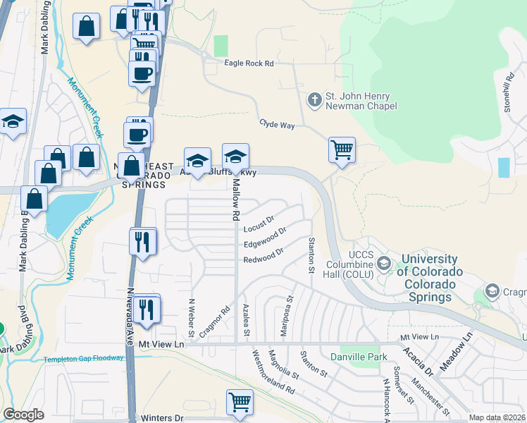 map of restaurants, bars, coffee shops, grocery stores, and more near 410 Elmwood Drive in Colorado Springs