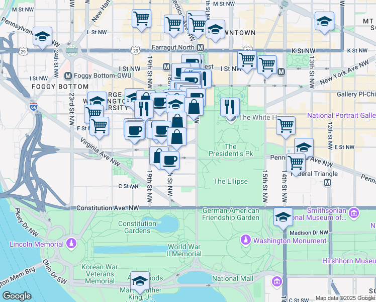 map of restaurants, bars, coffee shops, grocery stores, and more near 1700 New York Avenue Northwest in Washington