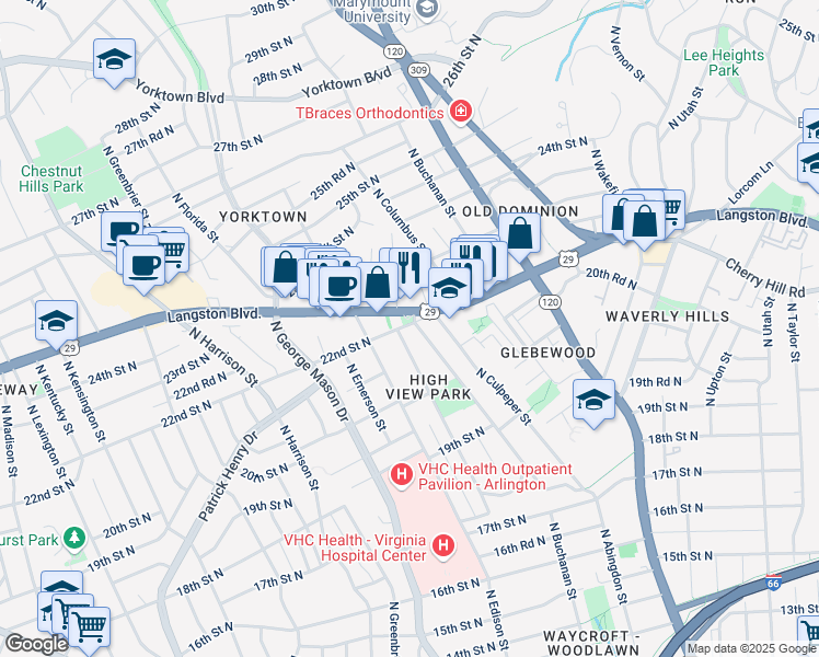 map of restaurants, bars, coffee shops, grocery stores, and more near 4906 22nd Street North in Arlington