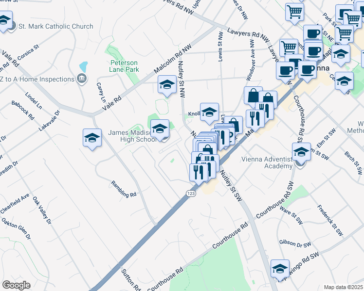map of restaurants, bars, coffee shops, grocery stores, and more near 248 Commons Drive Northwest in Vienna