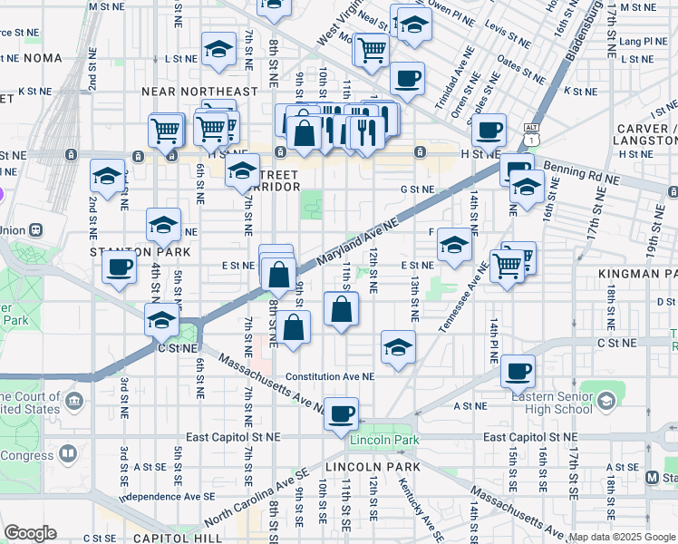 map of restaurants, bars, coffee shops, grocery stores, and more near 101 Independence Avenue Southeast in Washington