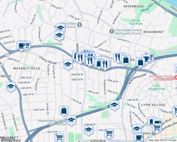 map of restaurants, bars, coffee shops, grocery stores, and more near North Pollard Street in Arlington
