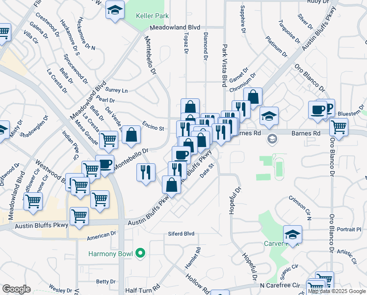 map of restaurants, bars, coffee shops, grocery stores, and more near 4370 Austin Bluffs Parkway in Colorado Springs