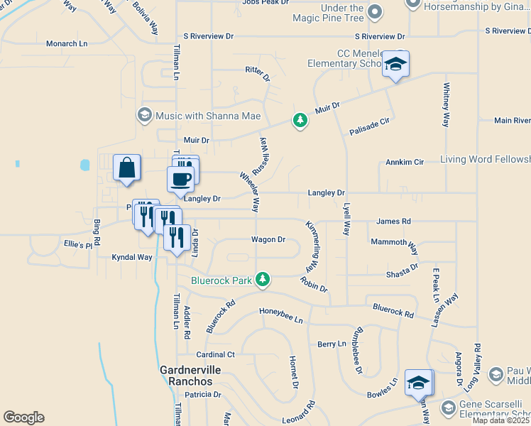map of restaurants, bars, coffee shops, grocery stores, and more near 1367 Langley Drive in Gardnerville