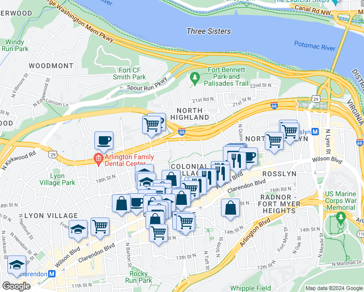 map of restaurants, bars, coffee shops, grocery stores, and more near 101 Independence Avenue Southeast in Washington
