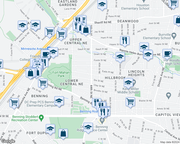 map of restaurants, bars, coffee shops, grocery stores, and more near 502 44th Street Northeast in Washington