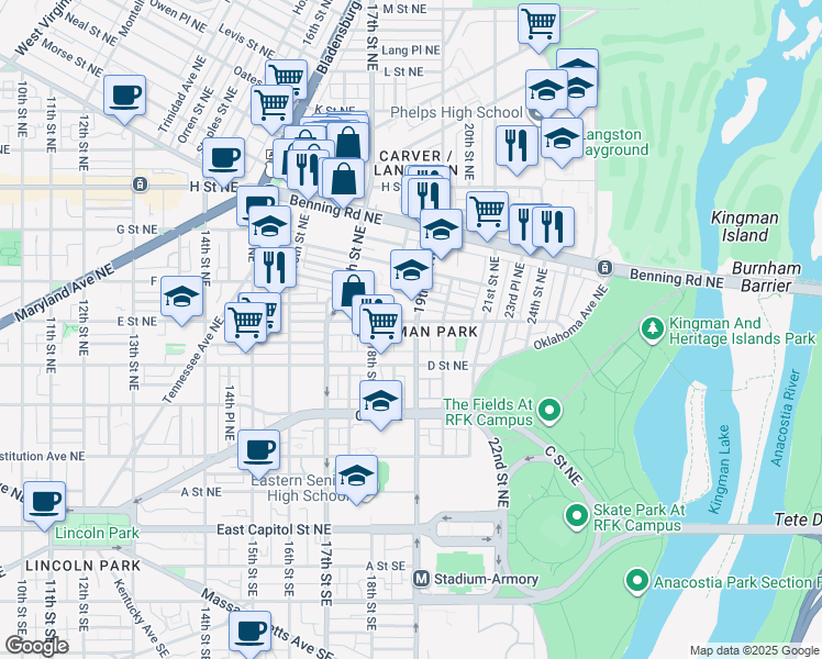 map of restaurants, bars, coffee shops, grocery stores, and more near 101 Independence Avenue Southeast in Washington