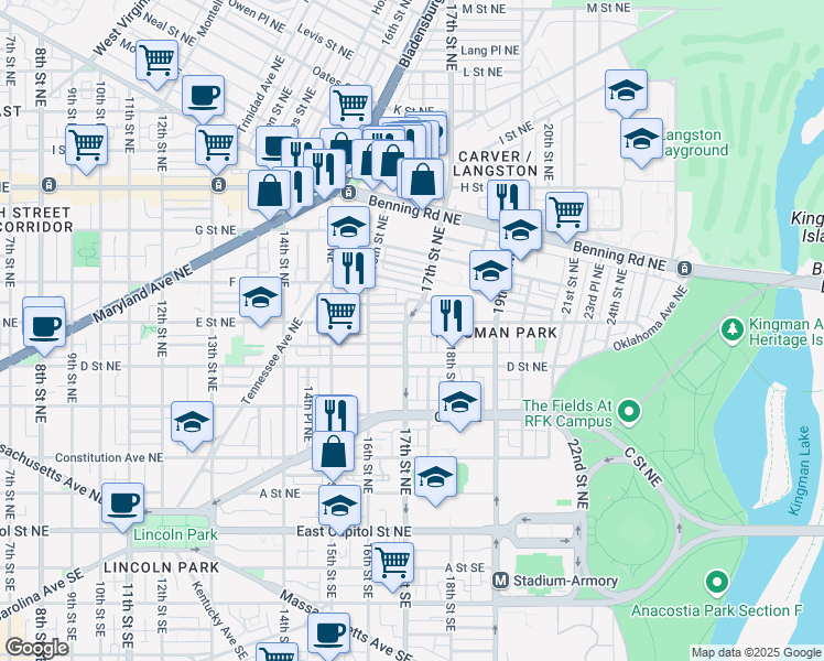 map of restaurants, bars, coffee shops, grocery stores, and more near 101 Independence Avenue Southeast in Washington