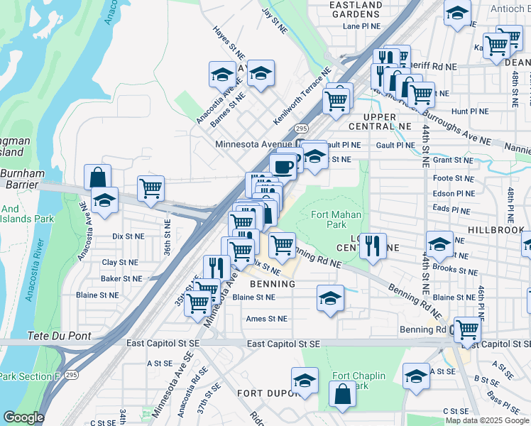 map of restaurants, bars, coffee shops, grocery stores, and more near 4020 Minnesota Avenue Northeast in Washington