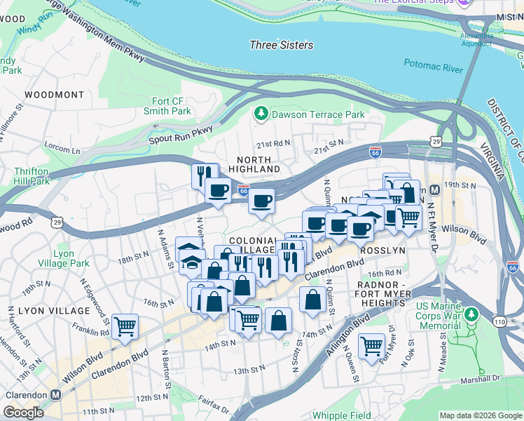 map of restaurants, bars, coffee shops, grocery stores, and more near 101 Independence Avenue Southeast in Washington