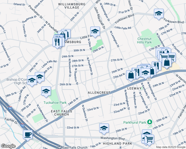 map of restaurants, bars, coffee shops, grocery stores, and more near 2611 North Powhatan Street in Arlington
