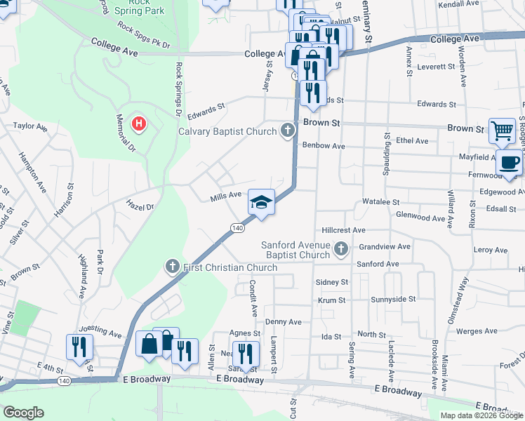 map of restaurants, bars, coffee shops, grocery stores, and more near 1035 Washington Avenue in Alton