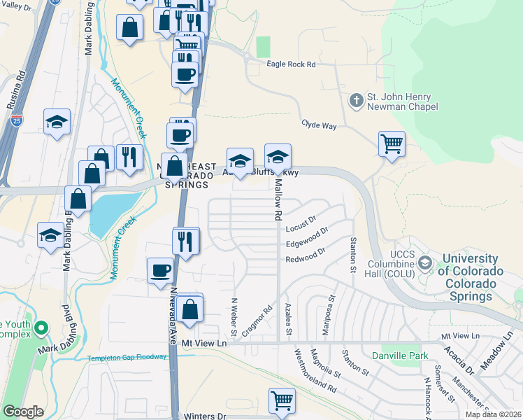 map of restaurants, bars, coffee shops, grocery stores, and more near 318 Maplewood Drive in Colorado Springs