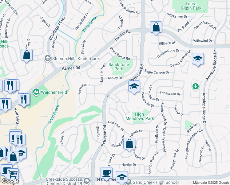 map of restaurants, bars, coffee shops, grocery stores, and more near 7024 Ash Creek Heights in Colorado Springs
