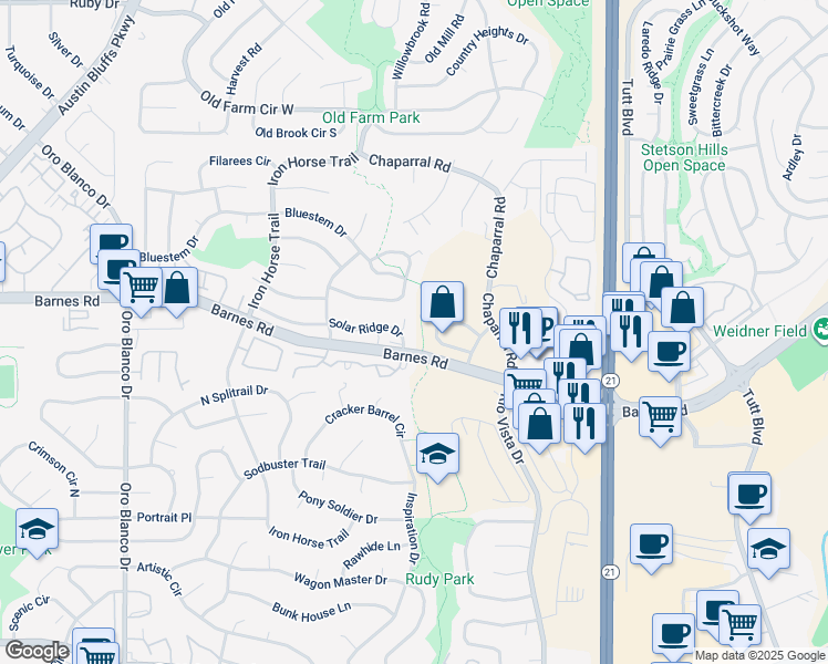 map of restaurants, bars, coffee shops, grocery stores, and more near 5509 Jennifer Lane in Colorado Springs
