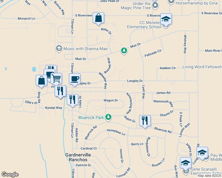 map of restaurants, bars, coffee shops, grocery stores, and more near 1367 Langley Drive in Gardnerville