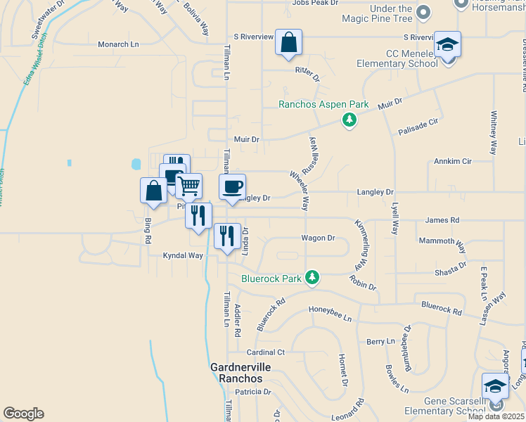 map of restaurants, bars, coffee shops, grocery stores, and more near 1316A Langley Drive in Gardnerville