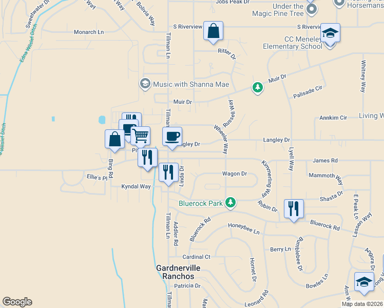 map of restaurants, bars, coffee shops, grocery stores, and more near 1316A Langley Drive in Gardnerville