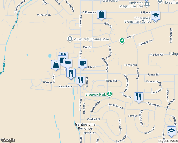 map of restaurants, bars, coffee shops, grocery stores, and more near 1316A Langley Drive in Gardnerville