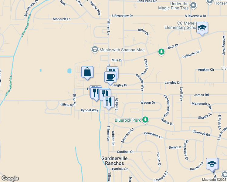 map of restaurants, bars, coffee shops, grocery stores, and more near 805 Tillman Lane in Gardnerville