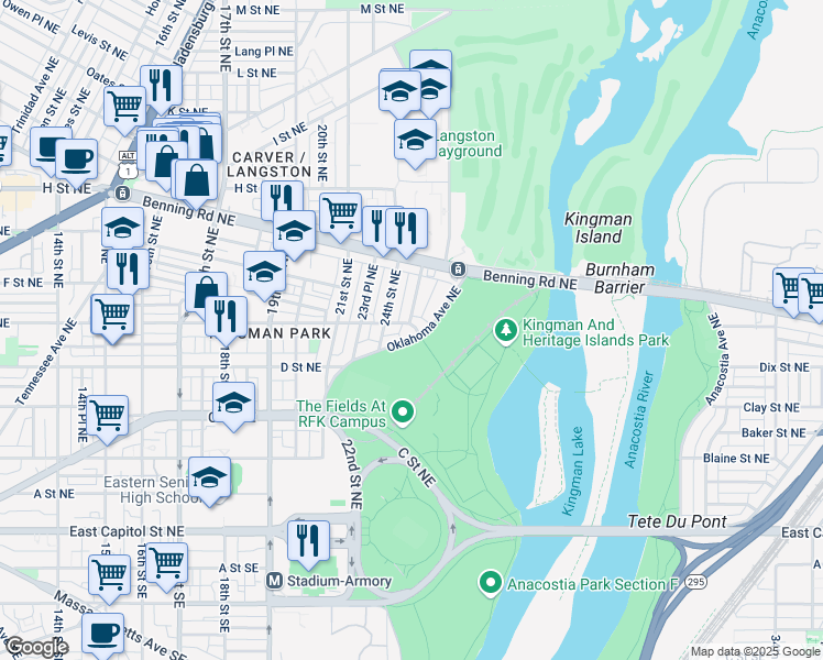 map of restaurants, bars, coffee shops, grocery stores, and more near 101 Independence Avenue Southeast in Washington