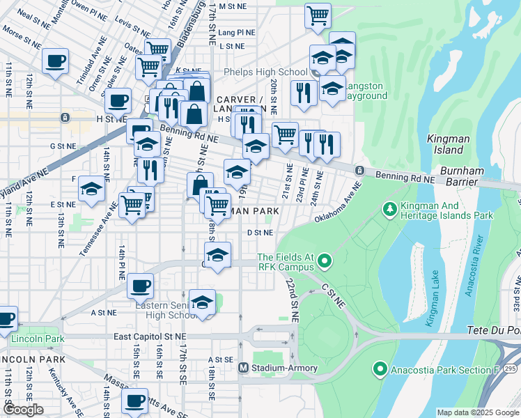 map of restaurants, bars, coffee shops, grocery stores, and more near 101 Independence Avenue Southeast in Washington
