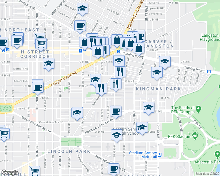 map of restaurants, bars, coffee shops, grocery stores, and more near 101 Independence Avenue Southeast in Washington