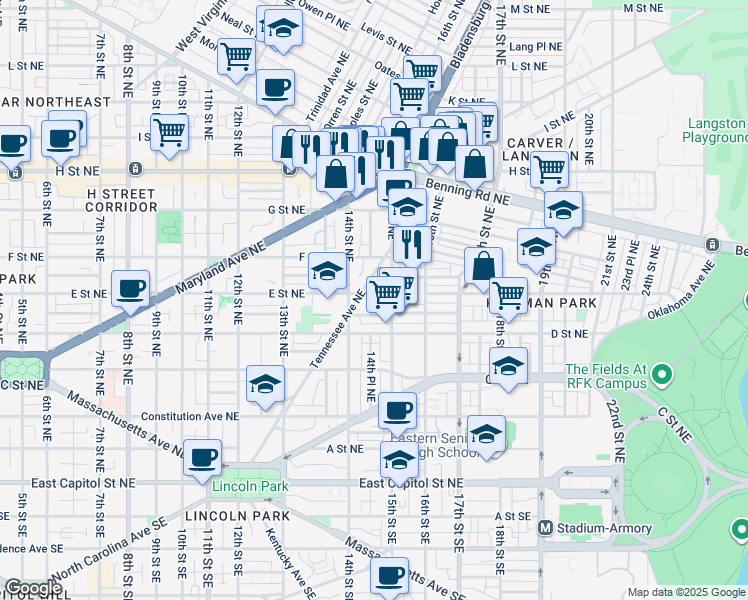 map of restaurants, bars, coffee shops, grocery stores, and more near 101 Independence Avenue Southeast in Washington