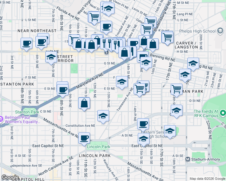 map of restaurants, bars, coffee shops, grocery stores, and more near 101 Independence Avenue Southeast in Washington