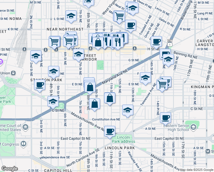 map of restaurants, bars, coffee shops, grocery stores, and more near 101 Independence Avenue Southeast in Washington