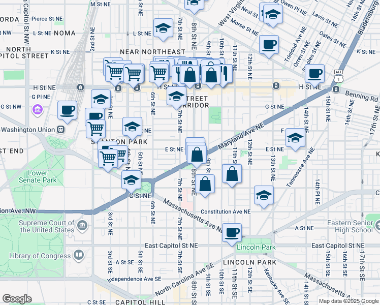 map of restaurants, bars, coffee shops, grocery stores, and more near 101 Independence Avenue Southeast in Washington